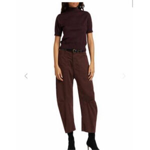 Niki Lotan Shon Pant Cotton Twill Tapered Stretch Brown 00 Barrel Leg Slouchy